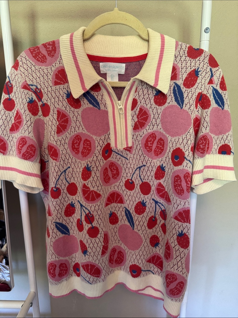 Cynthia Rowley Pink & Cream Fruit-Jacquard Knit Polo
